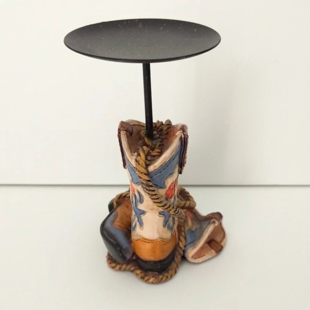 Western Cowboy Boot Resin & Metal Rustic Small Pillar Candle‎ Holder